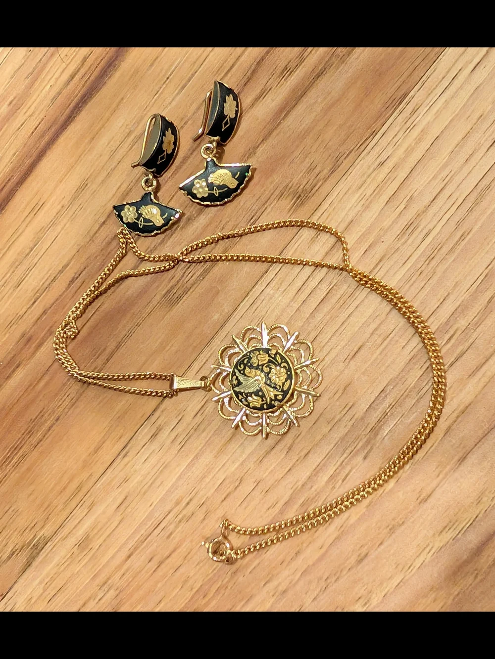 Gold and Black Floral Damascene Pendant Necklace with Matching Earrings